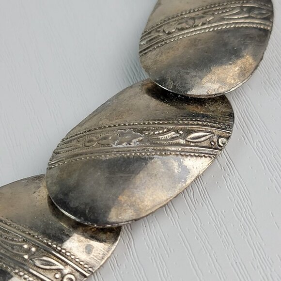 Antique Elgin American Etched Silver Plat Oval Link Necklace Statement 20.5 Inch - Picture 5 of 8